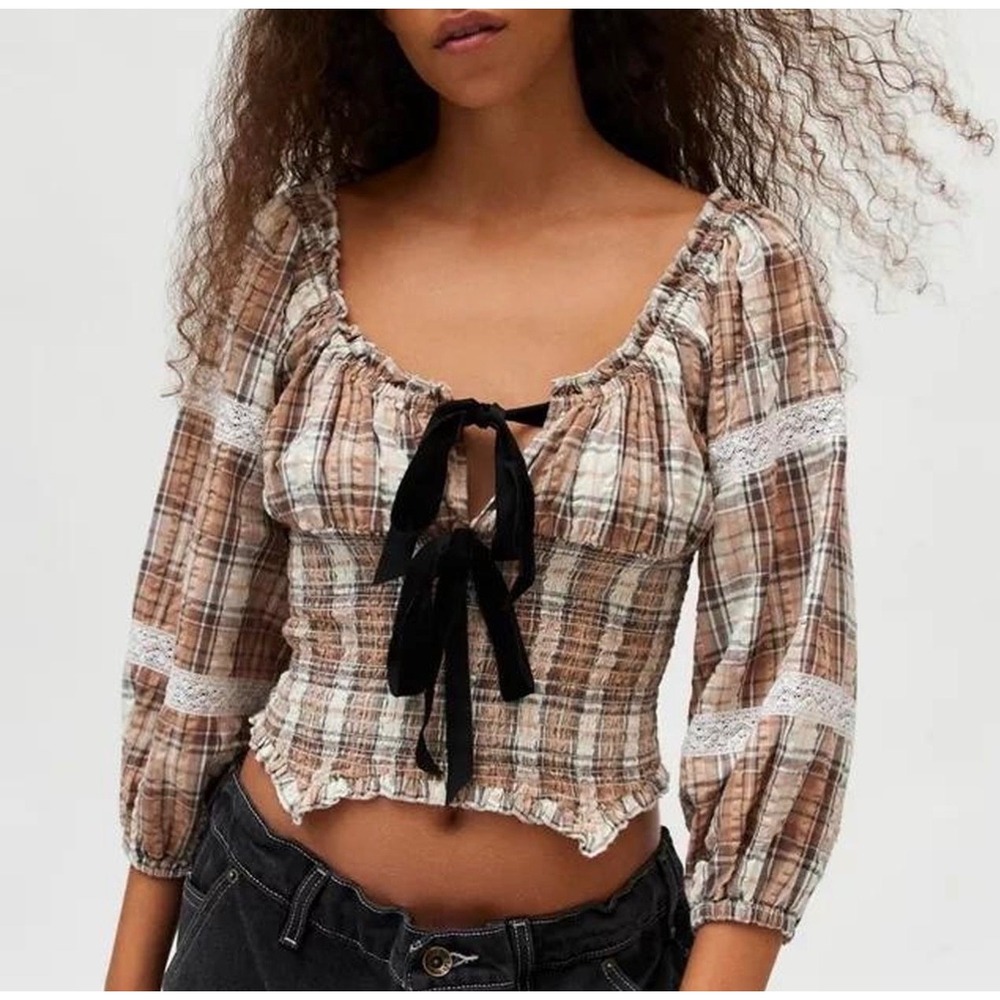 UO‎ Renfair Babydoll Brown Plaid Smocked Peasant Top Lace Trim Top Medium Y2K